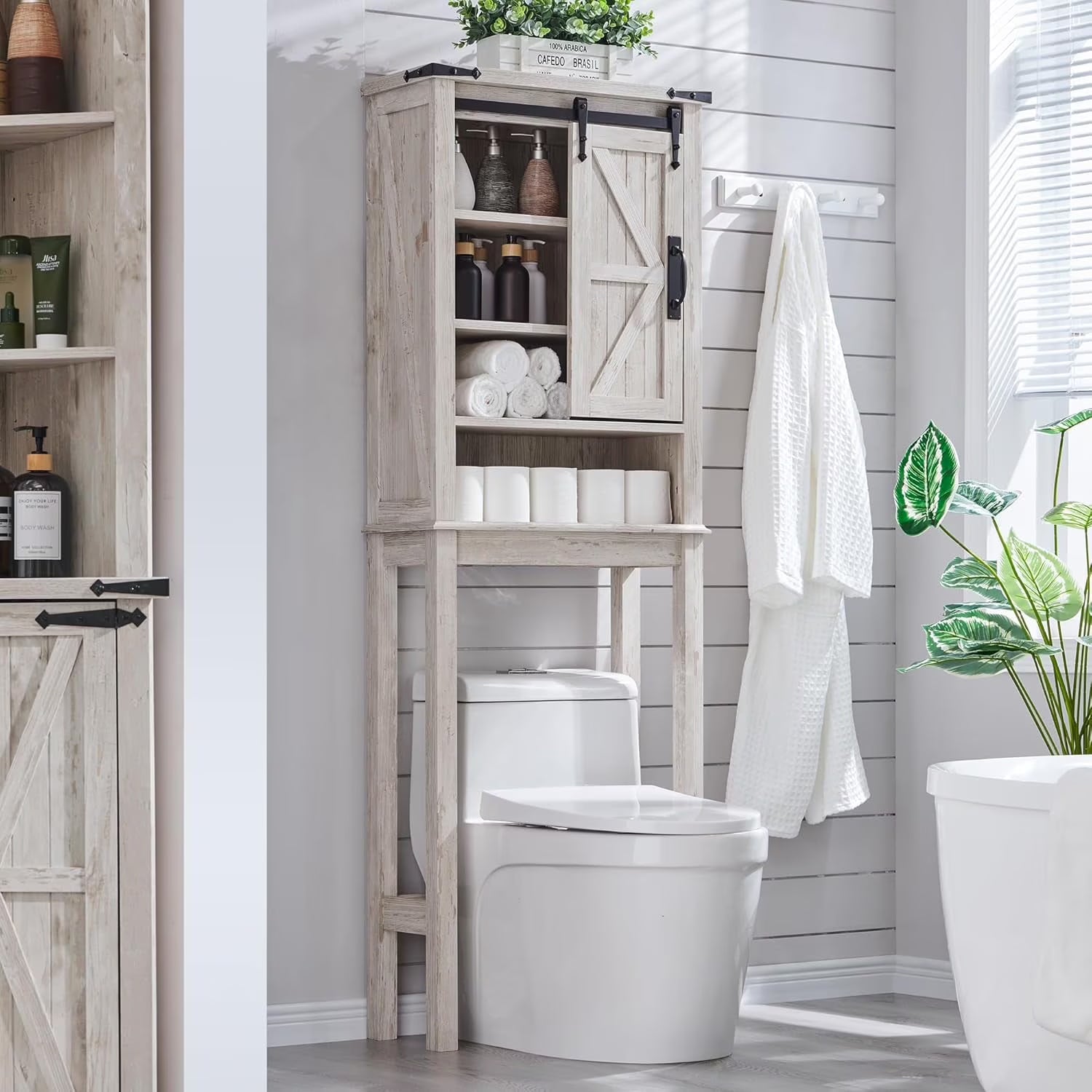 OKD 68In Farmhouse Over The Toilet Storage Cabinet with Sliding Bathroom Organizers and Storage Barn Door & Adjustable Shelves, Dark Rustic Oak