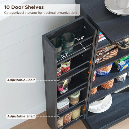47" Kitchen Pantry, Farmhouse Storage Cabinet with Barn Doors, Organizer and Adjustable Shelves, Rustic Wood Cupboard for Kitchen, Dining Room, Bathroom and Hallway, Black