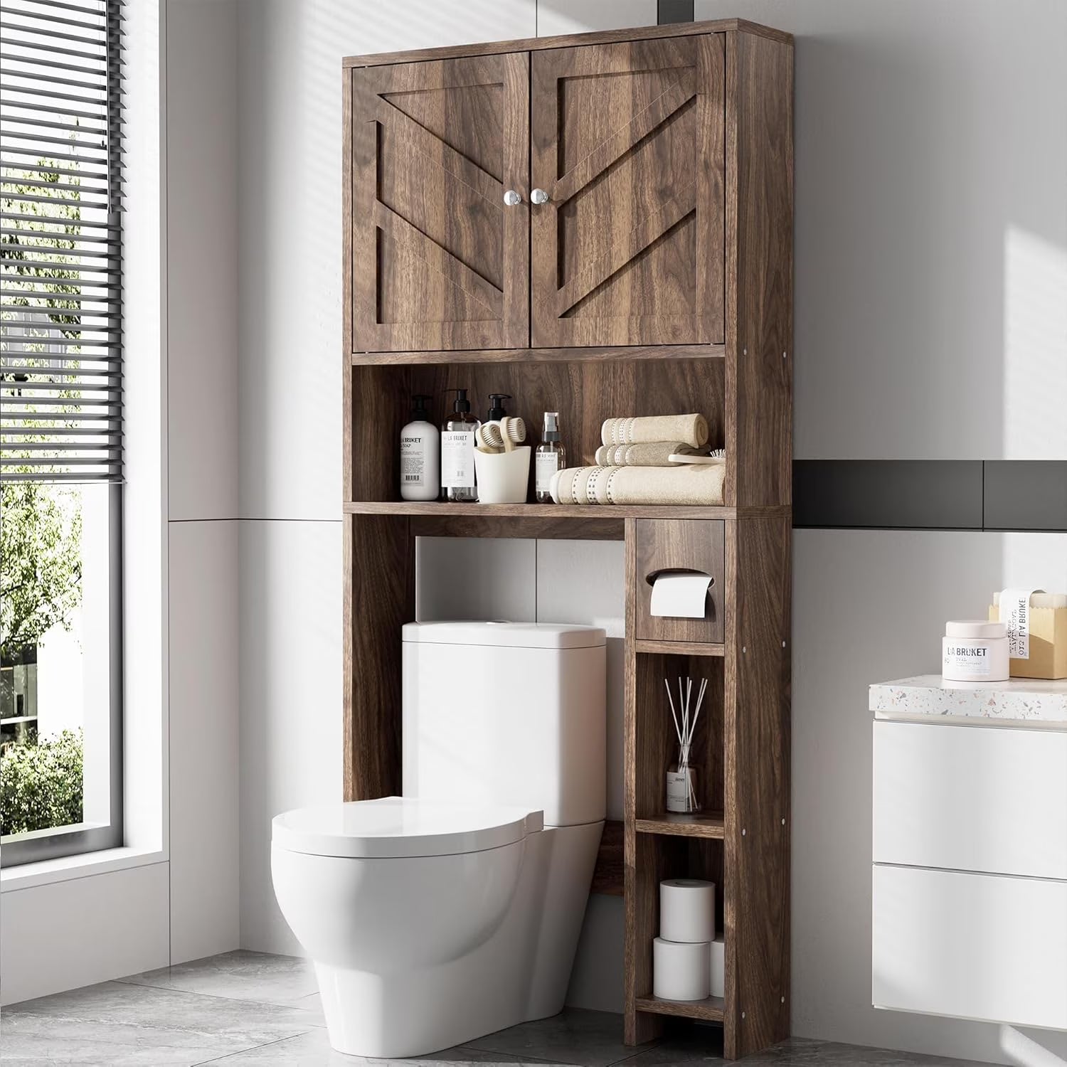 Over The Toilet Storage Cabinet, Farmhouse Storage Cabinet Over Toilet with Toilet Paper Holder Stand, Freestanding Bathroom Storage Organizer Space Saver W/Adjustable Shelf, Walnut