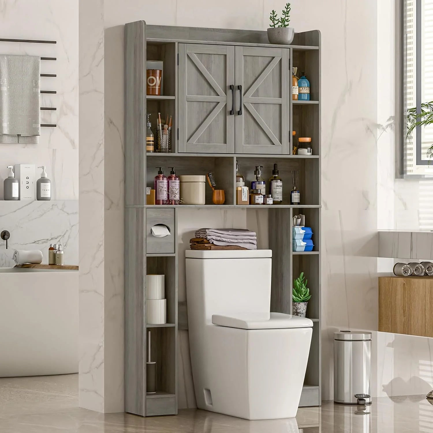 Vabches Over The Toilet Storage Cabinet, Freestanding Bathroom Space Saver with Adjustable Shelf and 2 Doors