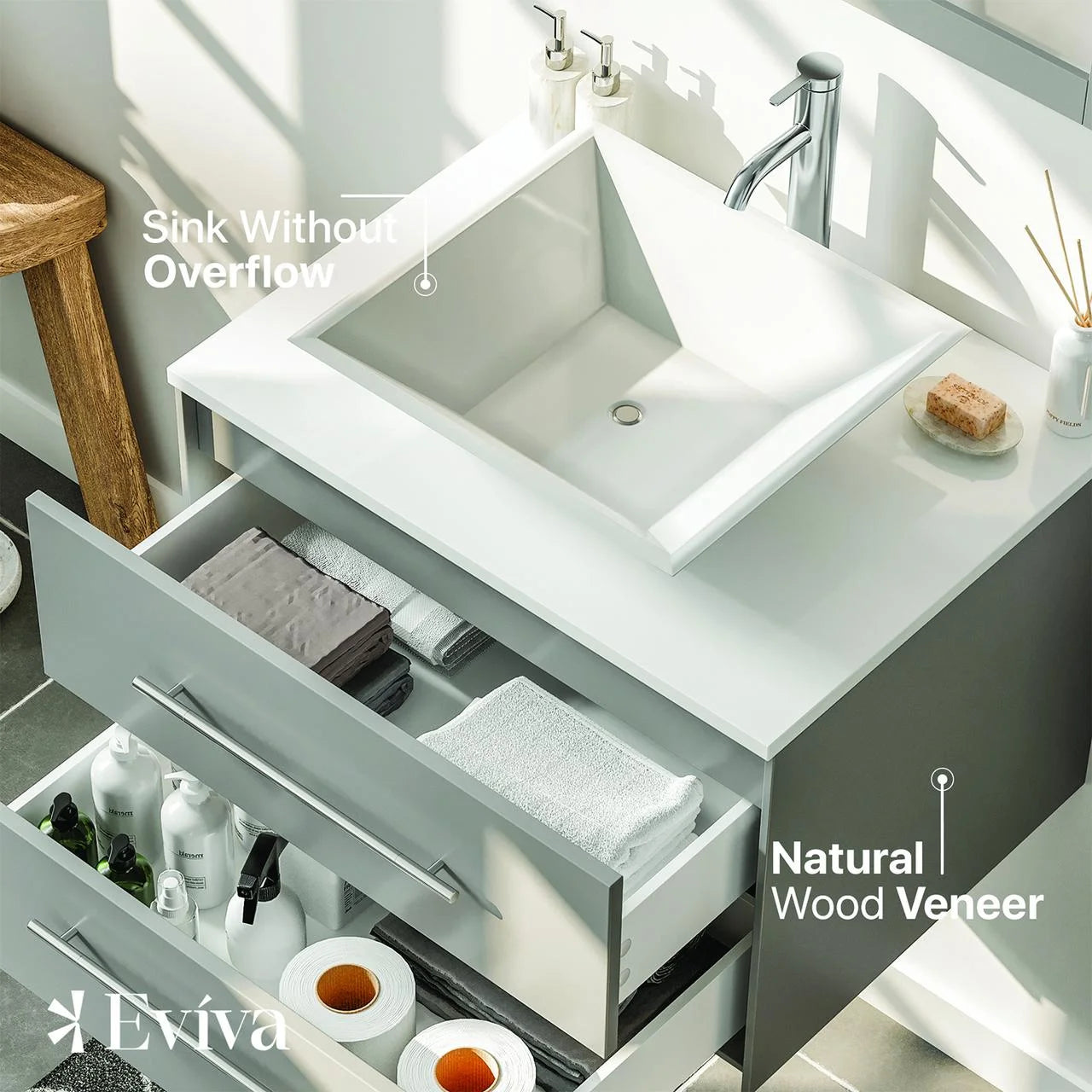 Totti Wave 24" Espresso Modern Bathroom Vanity w/ Super White Man-Made Stone Top & Sink