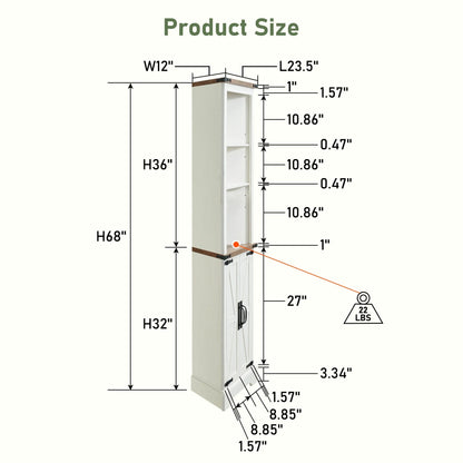 OKD Farmhouse Tall Corner Cabinet with Barn Door & Adjustable Shelves, 68" Rustic Wood Corner Cabinet with Storage Cabinet for Bathroom, Kitchen, Antique White