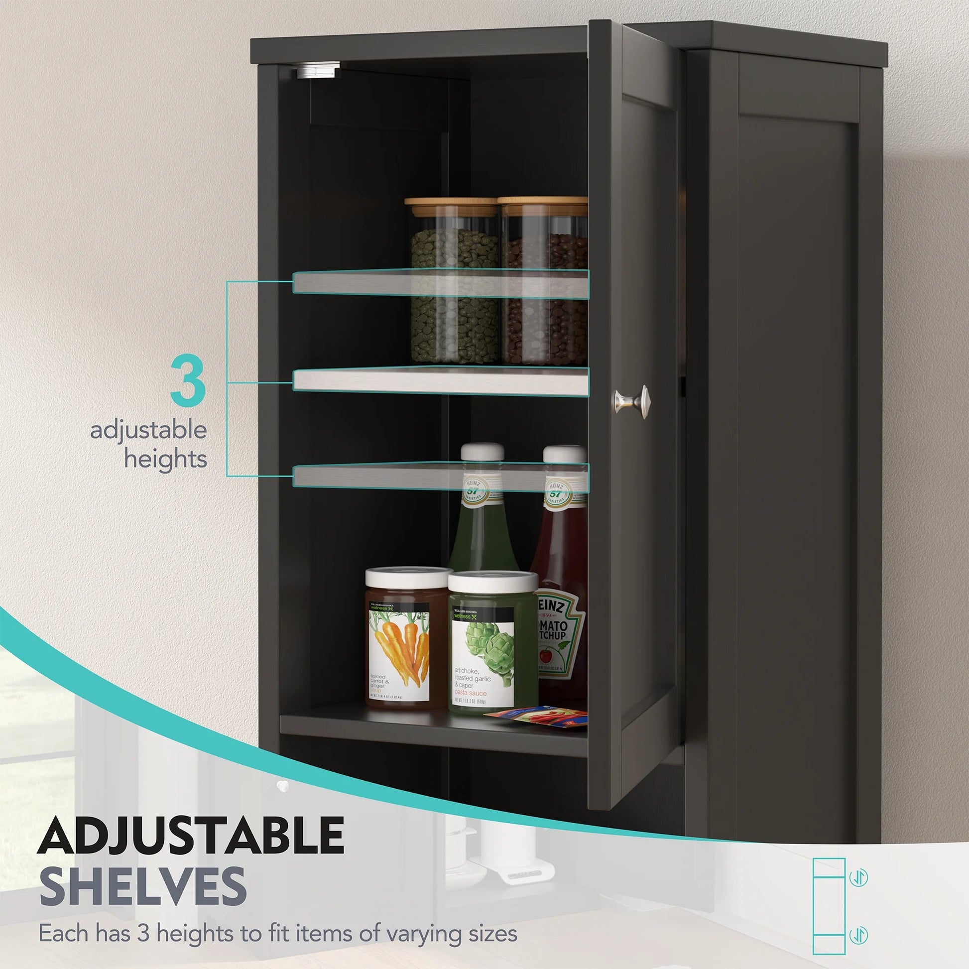 Walsunny Bathroom Storage Cabinet 64" Tall Wooden Kitchen Cupboard Pantry Cabinet with Doors Shelves Drawer Black