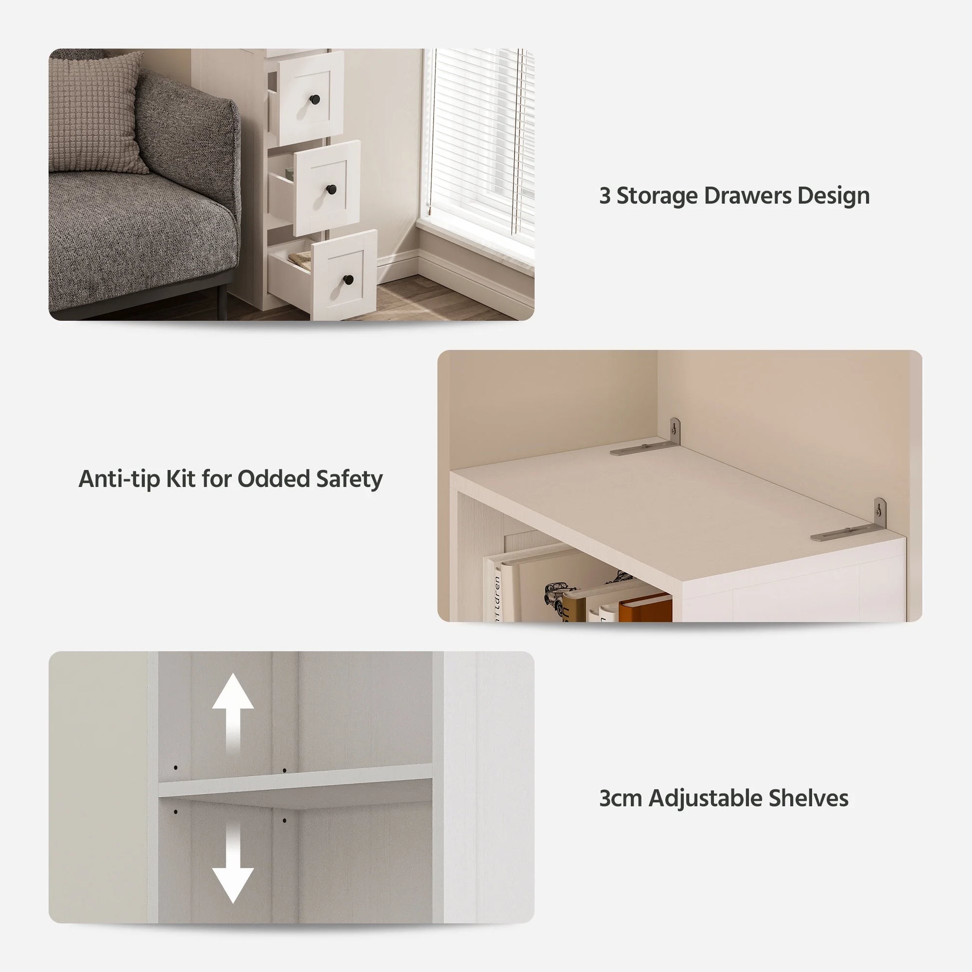 LAUSAINT HOME Bathroom Storage Cabinet, Tall Thin White Storage with 2 Adjustable Shelves & 3-level Drawers for Home, Kitchen