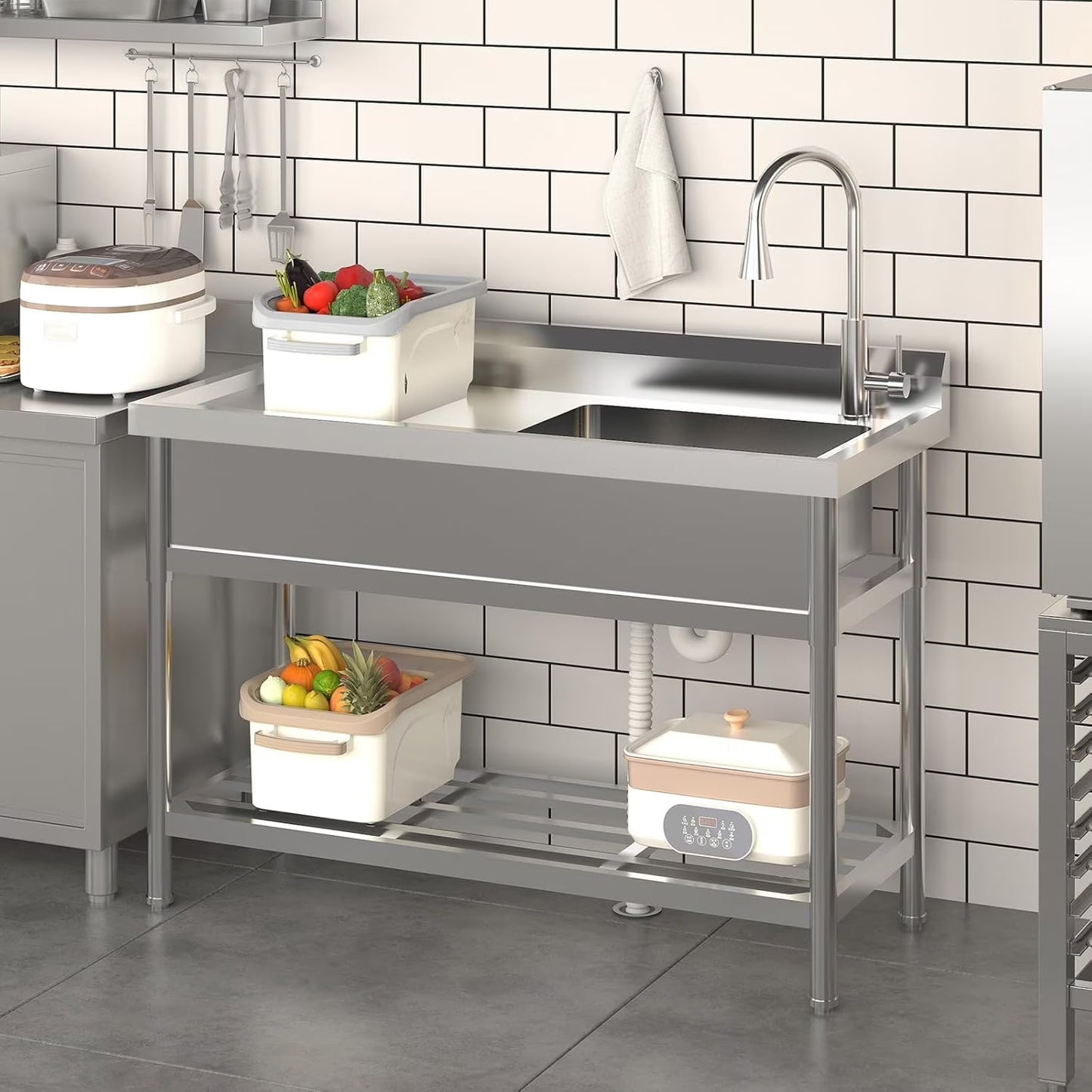 TROPOW 24x20x42 Inch Stainless Steel Utility Sink, Freestanding Single Bowl with Cold and Hot Water Pipe and Faucet, Commercial Sink Kitchen Sink for Restaurant Laundry Room Bathroom Garage Garden