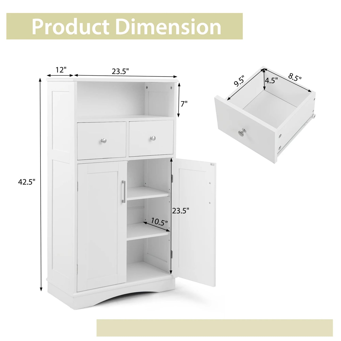 Costway Bathroom Floor Cabinet Freestanding Storage Cabinet with 2 Doors White