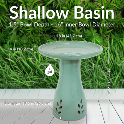 Sunnydaze Classic Freestanding Ceramic Outdoor Bird Bath, UV-Resistant Seafoam Finish