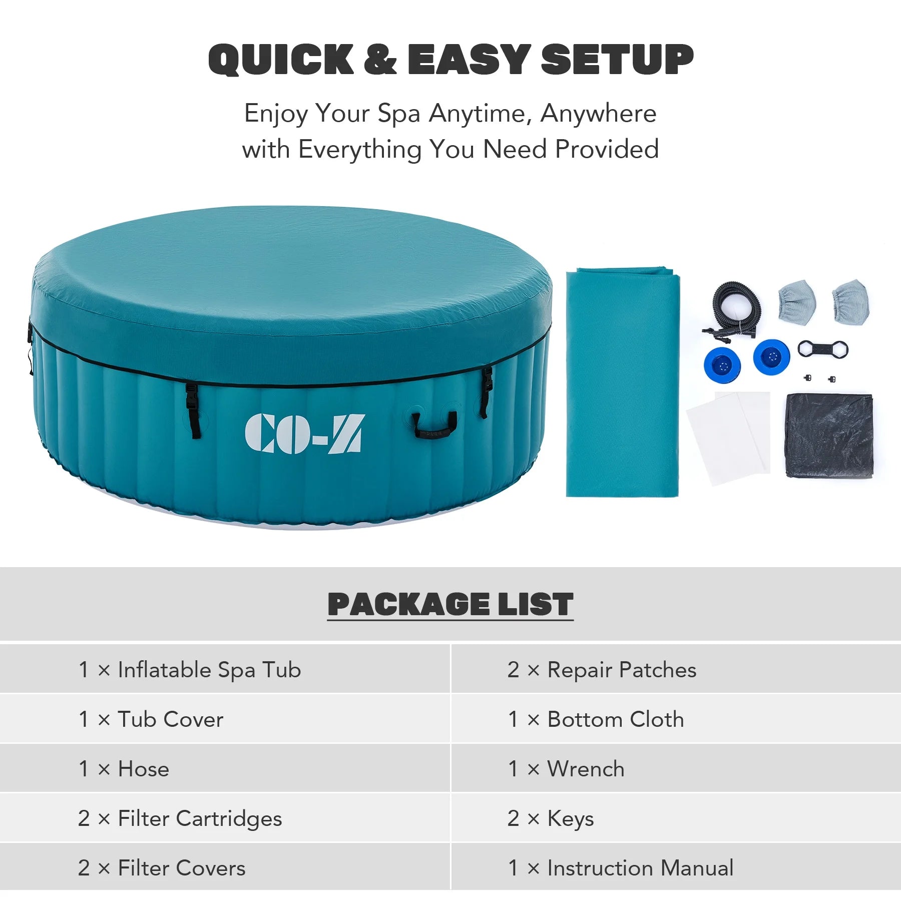 CO-Z 2-4 Persons Inflatable Hot Tub 6 ft Portable Pool and Bathtub w Air Jets Cover Teal