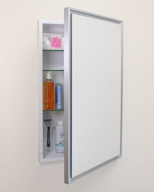 16x26 Parker Metro Metal Framed Rectangle Recessed Bathroom Medicine Cabinet, Floating Mirror, 14x24 in-Wall Opening, Powder-coated Steel, Adjustable Glass Shelves, Magnet Close, Brushed Nickel