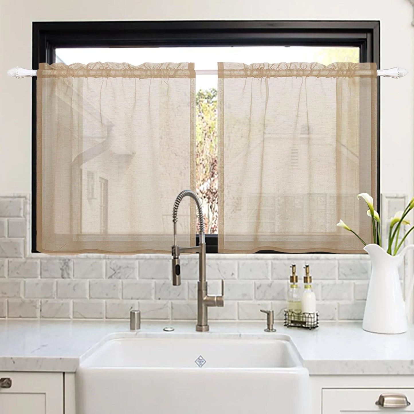 Lapalife 2 Panels Sheer Kitchen Curtains 36 inch Length Tier Curtains Rod Pocket Cafe Curtains Half Window Curtain for Bathroom Small Windows, Khaki