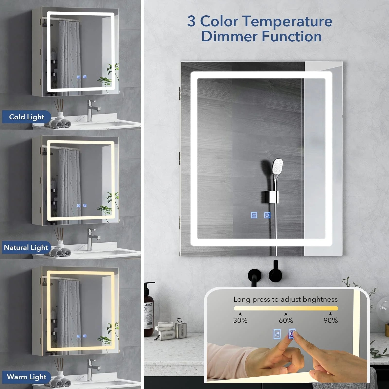 RichYa Bathroom Cabinet Wall Mounted Mirror Medicine Cabinet with LED Lights Adjustable Shelf, Defogger, Memory 3-Color Mode, Dimmer, Anti-Fog