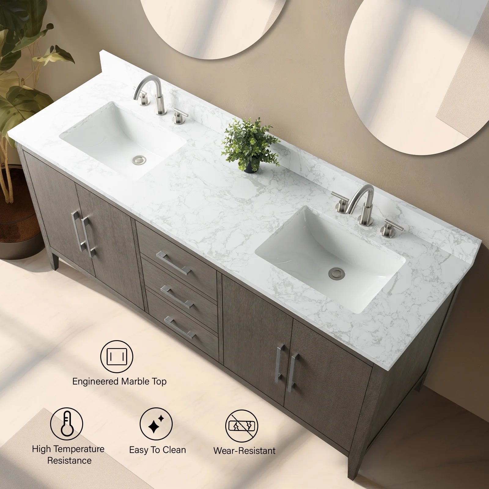 Vanity Art 72�� Double Sink Bathroom Vanity Cabinet with Engineered Marble Countertop