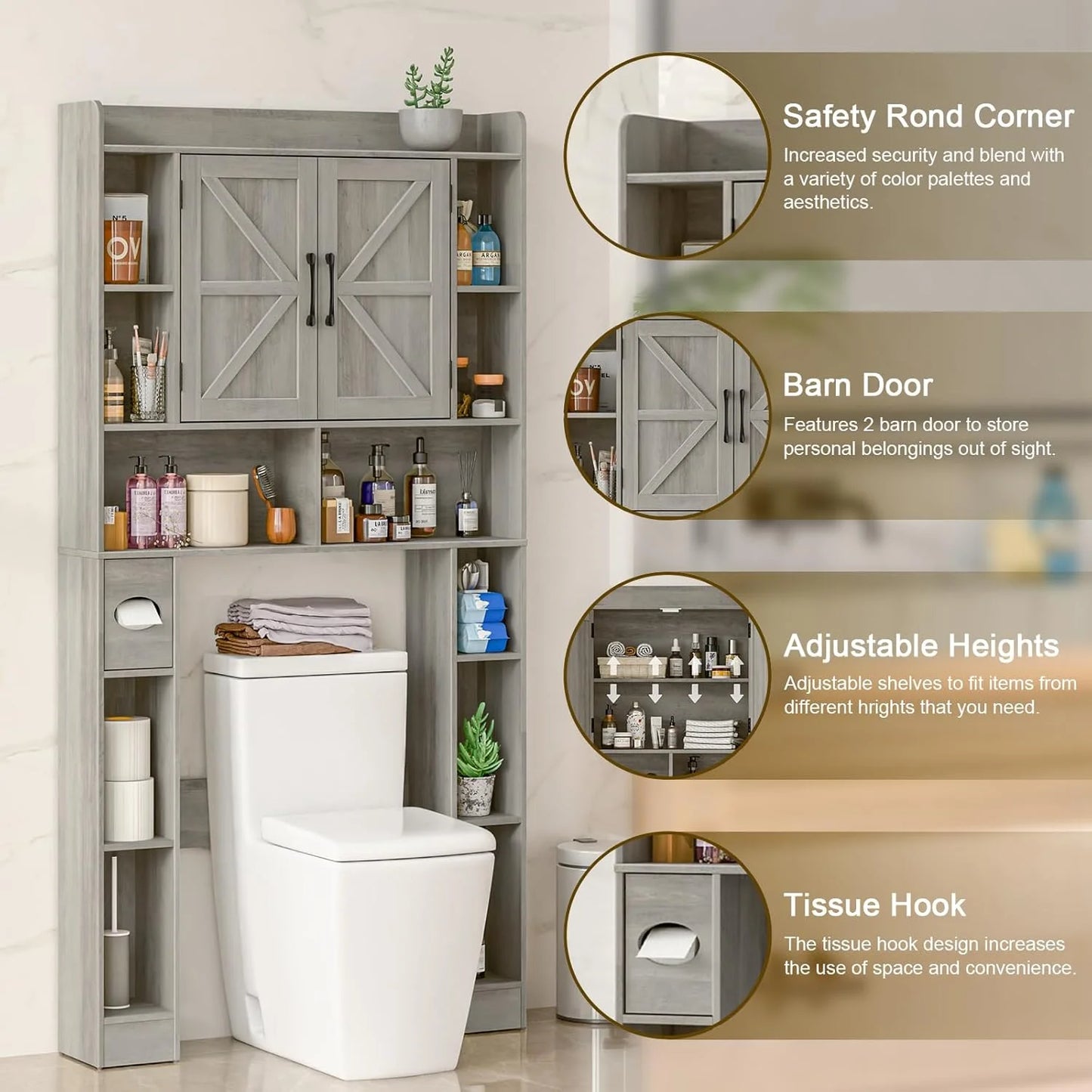 Vabches Over The Toilet Storage Cabinet, Freestanding Bathroom Space Saver with Adjustable Shelf and 2 Doors