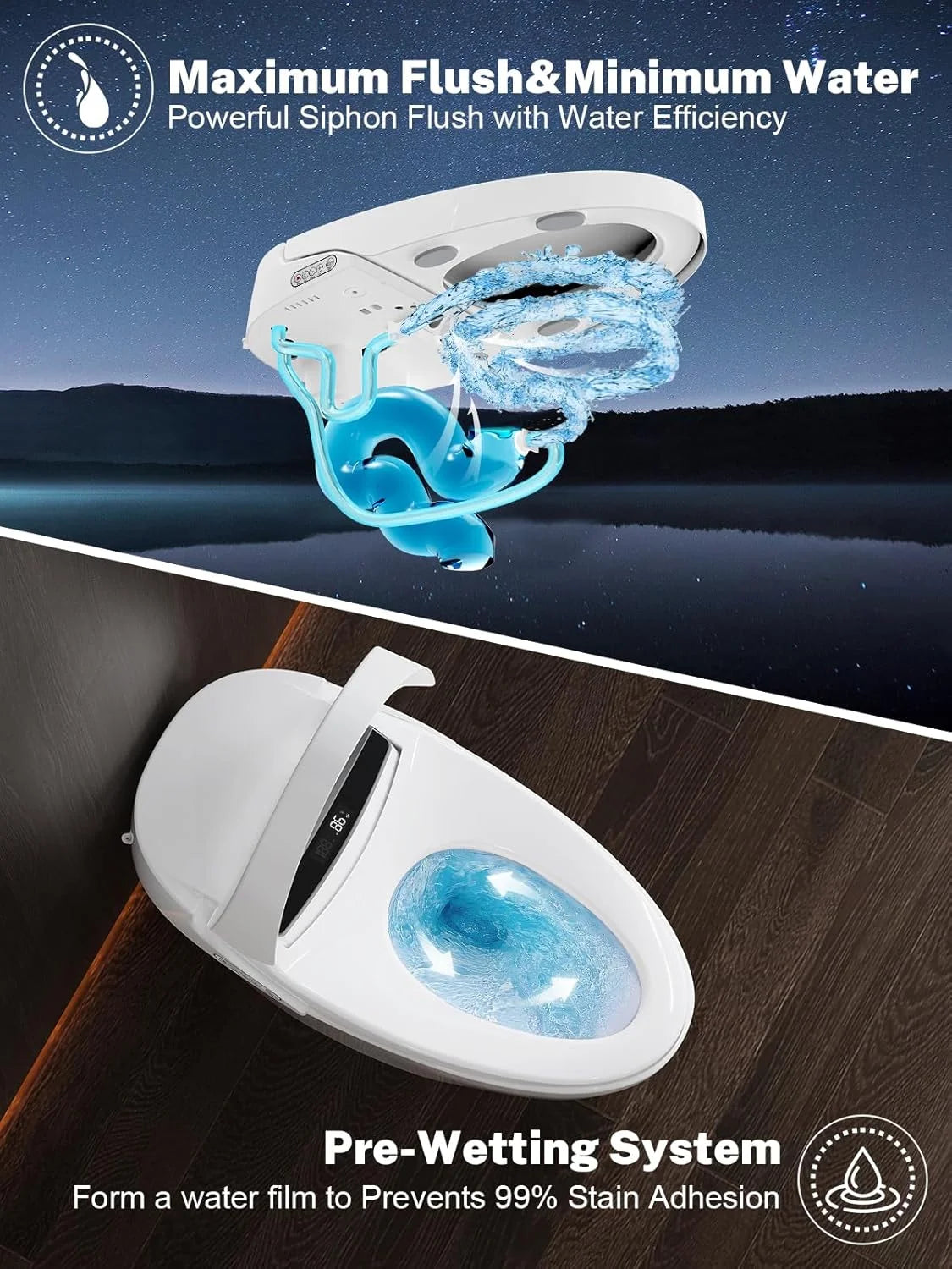 Vipbear Smart Toilet with Heated Seat and Night Light, Tankless Toilets for Bathroom, Modern One Piece Toilet Standard Comfort Height Toilet with Auto Flush, Auto Open Close Lid/Seat,Slow Close, ADA