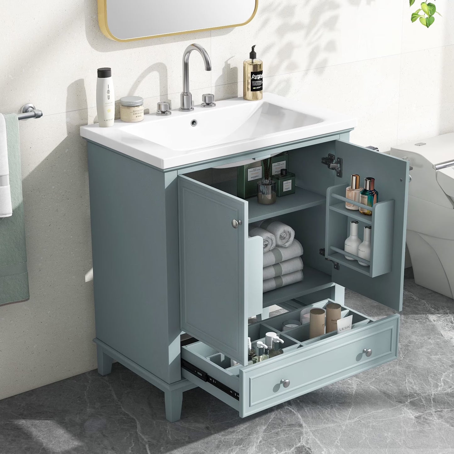 Harper & Bright Designs 30" White Bathroom Vanity with Single Sink, Bathroom Combo Cabinet Undermount Sink with 2 Doors and a Drawer, Soft Closing, Multifunctional Storage, Solid Wood Frame