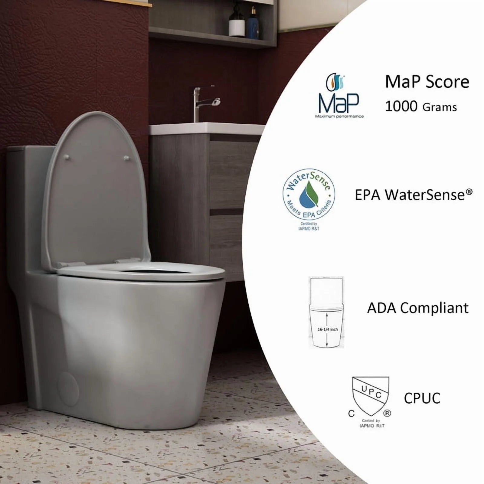 Albriya A1854 One Piece Toilet, Modern Elongated Toilet Power Dual Flush 1.1/1.6 GPF with Comfortable Chair Seat ADA Height 16 1/4’�?for Bathroom, 12’�?Rough-In, MaP 1000g, Grey