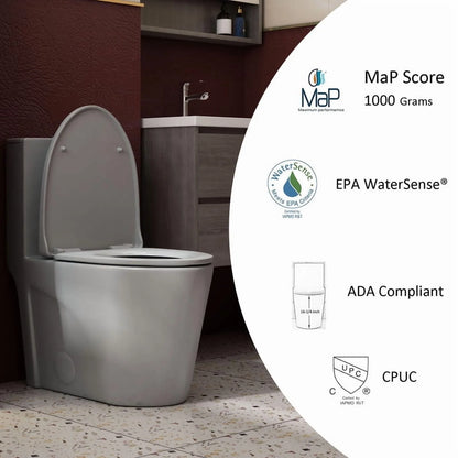 Albriya A1854 One Piece Toilet, Modern Elongated Toilet Power Dual Flush 1.1/1.6 GPF with Comfortable Chair Seat ADA Height 16 1/4’�?for Bathroom, 12’�?Rough-In, MaP 1000g, Grey