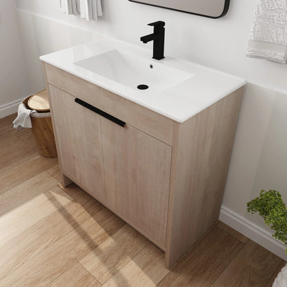 36 Inch Bathroom Vanity with White Ceramic Sink Combo, Large Storage Modern Freestanding Small Single Bath Vanity for Bathroom, Plain Light Oak