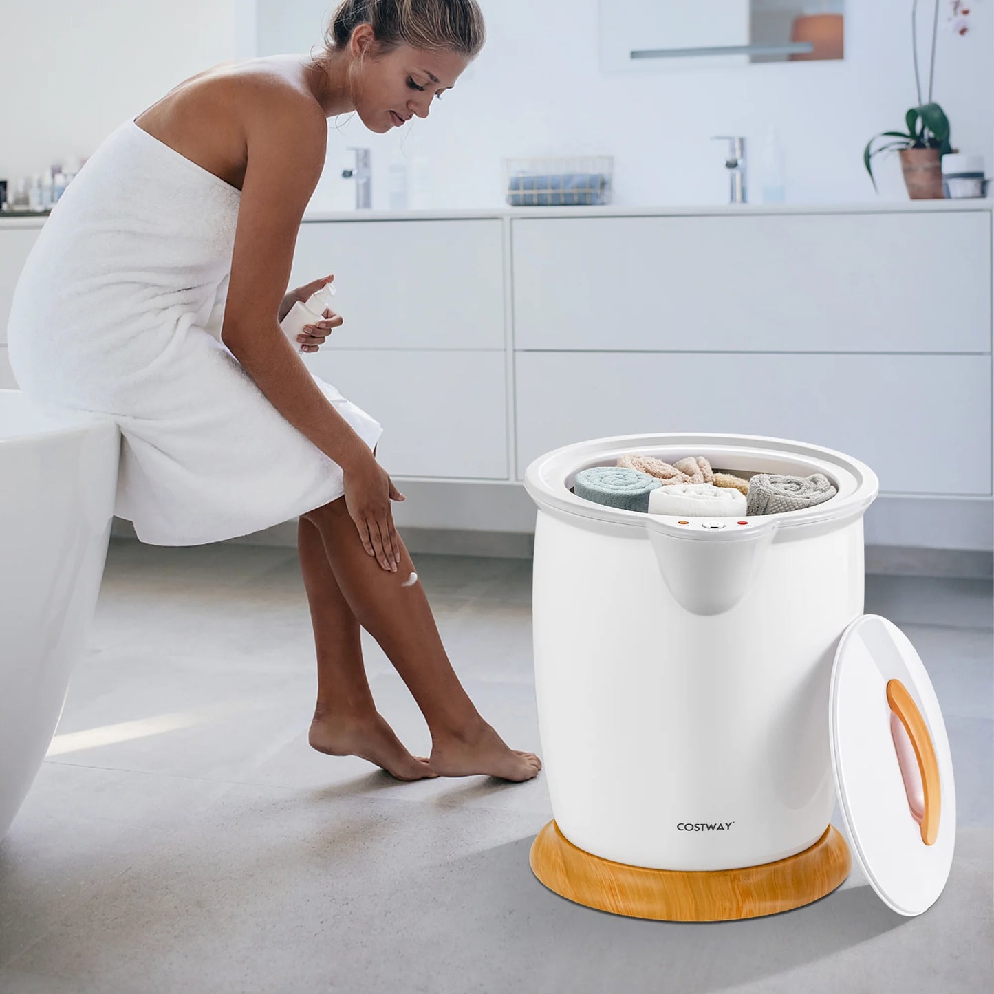 Costway Bathroom Towel Warmer Bucket with Fragrance Holder & Auto Shut Off White
