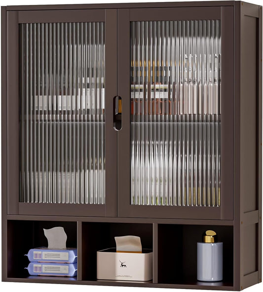 Bathroom Wall Cabinet with 2 Frosted Door,Bamboo Medicine Organizer with Open Compartment,Over The Toilet Storage Shelf Space Saver (Brown)