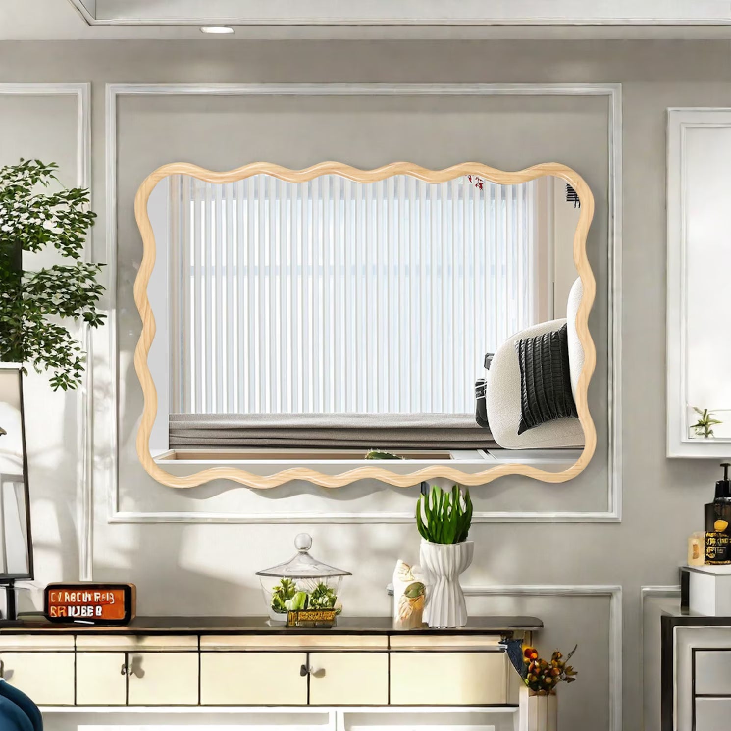Solid Wood Wavy Frame Modern Mirror - 40x28 Inches Durable Farmhouse Wall Decor for Bathroom, Living Room & Entryway with Easy Install