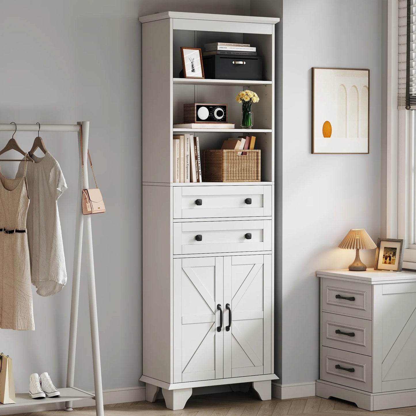 IDEALSOUL Tall Storage Cabinet, 72" Farmhouse Bathroom Storage with 2 Drawers, Adjustable Shelves & Barn Door, Cabinet for Bathroom, Living Room, Kitchen, off-White