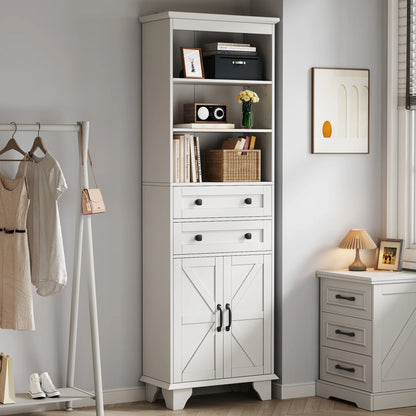 IDEALSOUL Tall Storage Cabinet, 72" Farmhouse Bathroom Storage with 2 Drawers, Adjustable Shelves & Barn Door, Cabinet for Bathroom, Living Room, Kitchen, off-White