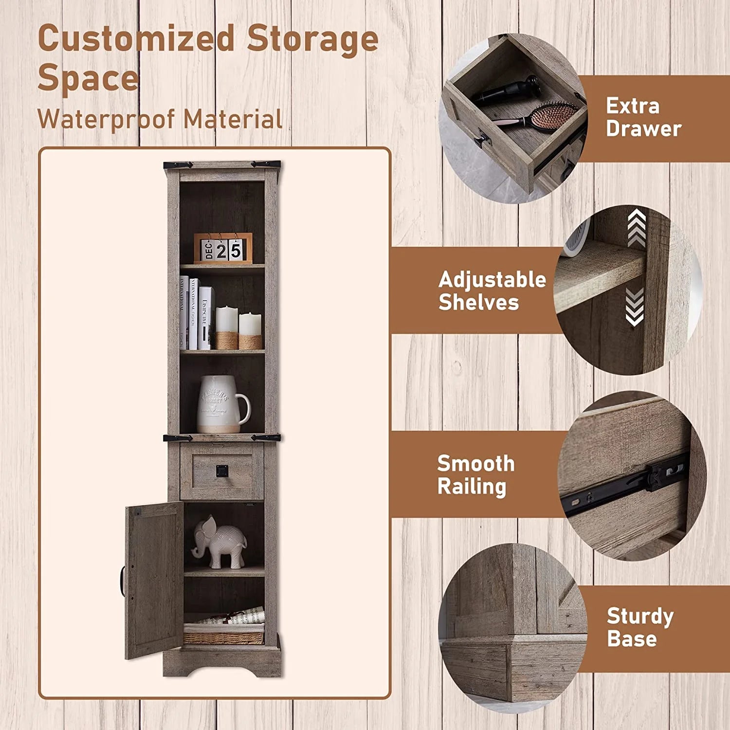 OKD 68" H Farmhouse Bathroom Storage Cabinet Organizer with Adjustable Shelves and Drawer, Dark Rustic Oak