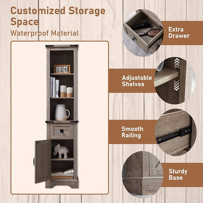 OKD 68" H Farmhouse Bathroom Storage Cabinet Organizer with Adjustable Shelves and Drawer, Dark Rustic Oak