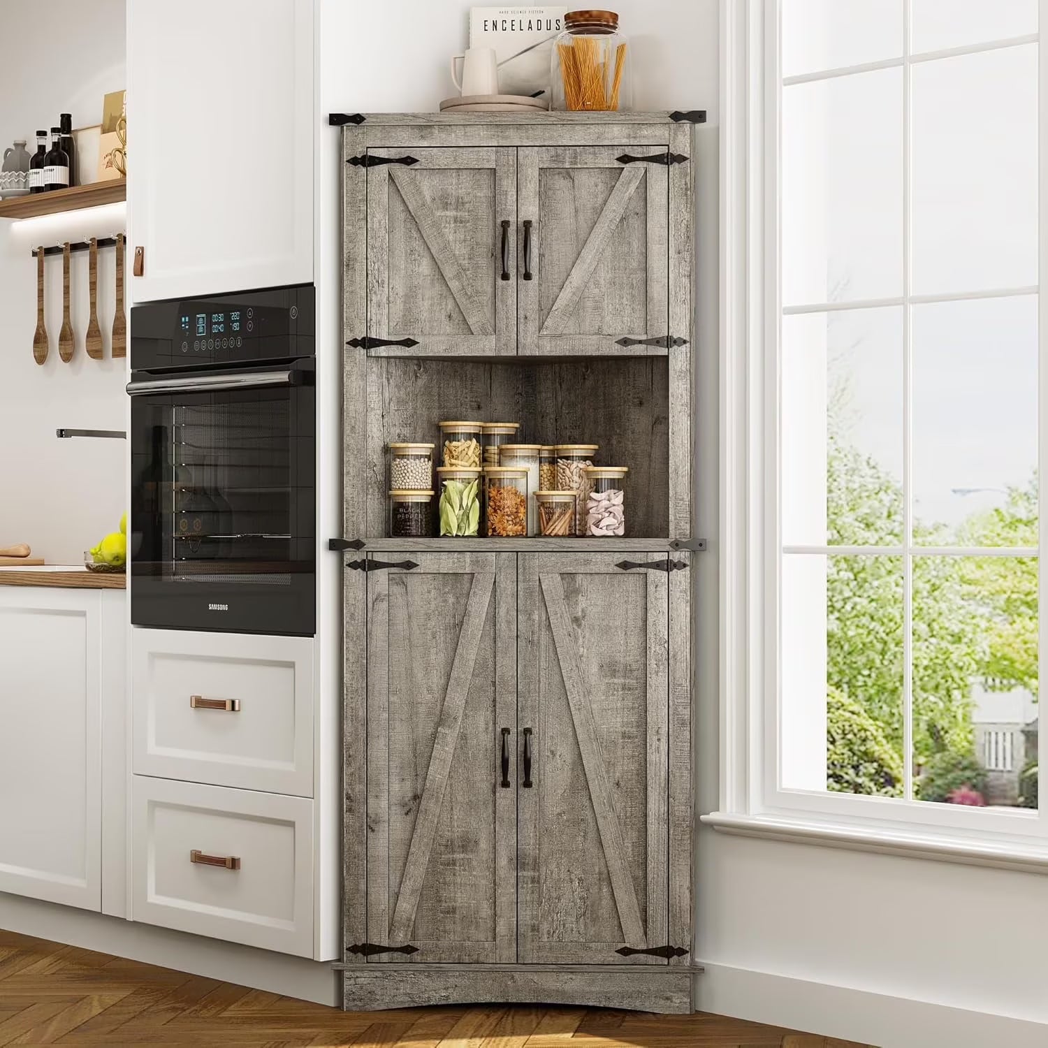 Blotout 68" Tall Farmhouse Corner Cabinet with 4 Doors, 28.3" W Barn Door Storage Cabinet with Adjustable Shelves, 5 Tier Corner Storage Cabinet for Bathroom,Living Room,Kitchen