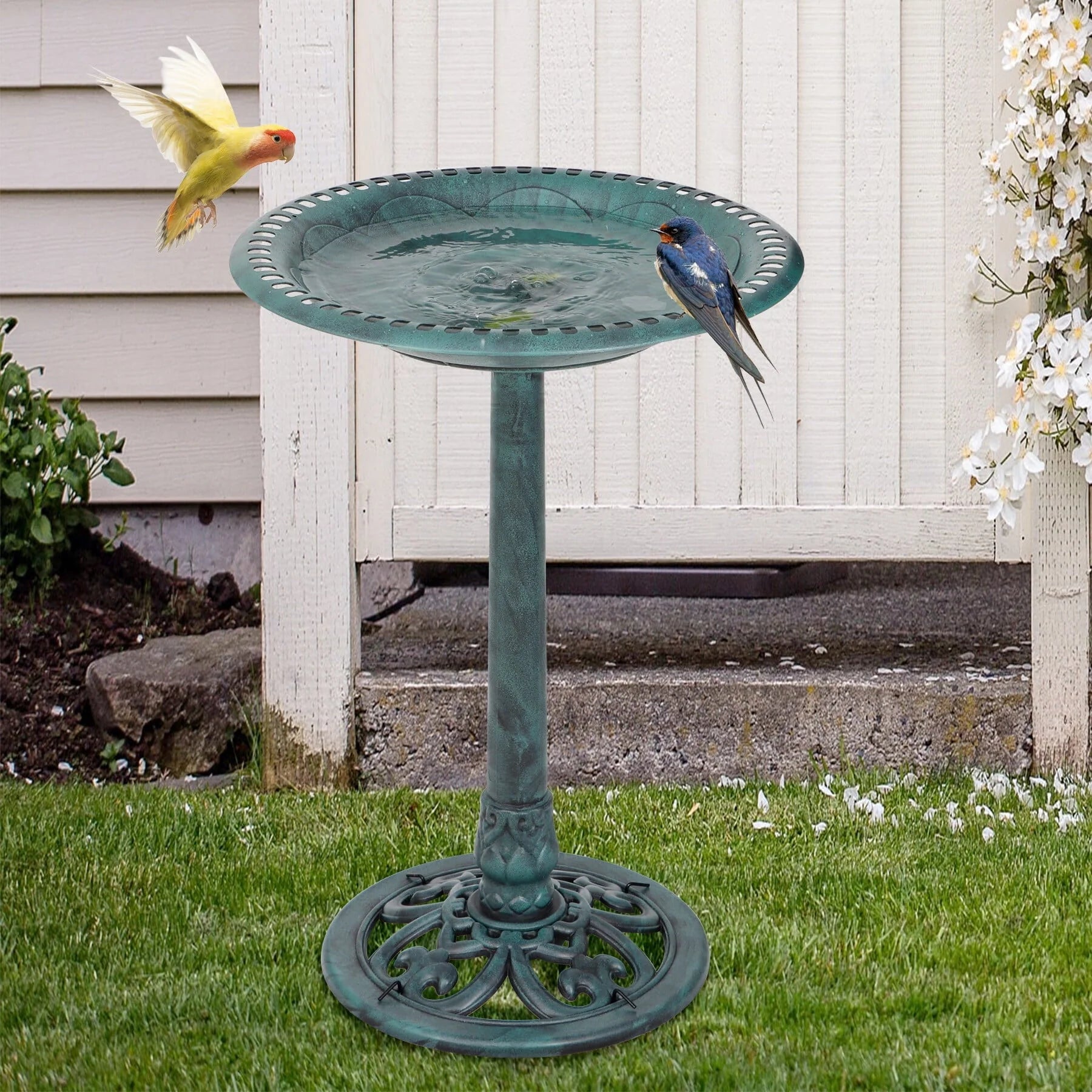 HomGarden 28" Vintage Bird Bath Antique Green Birdbath Outdoor Garden Backyard Dcor
