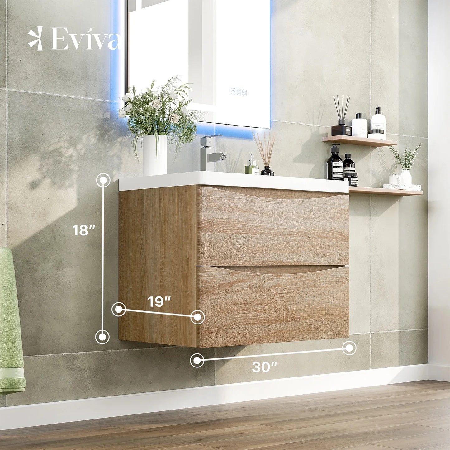 Eviva Smile 30" White Oak Wall Mount Modern Bathroom Vanity w/ White Integrated Top