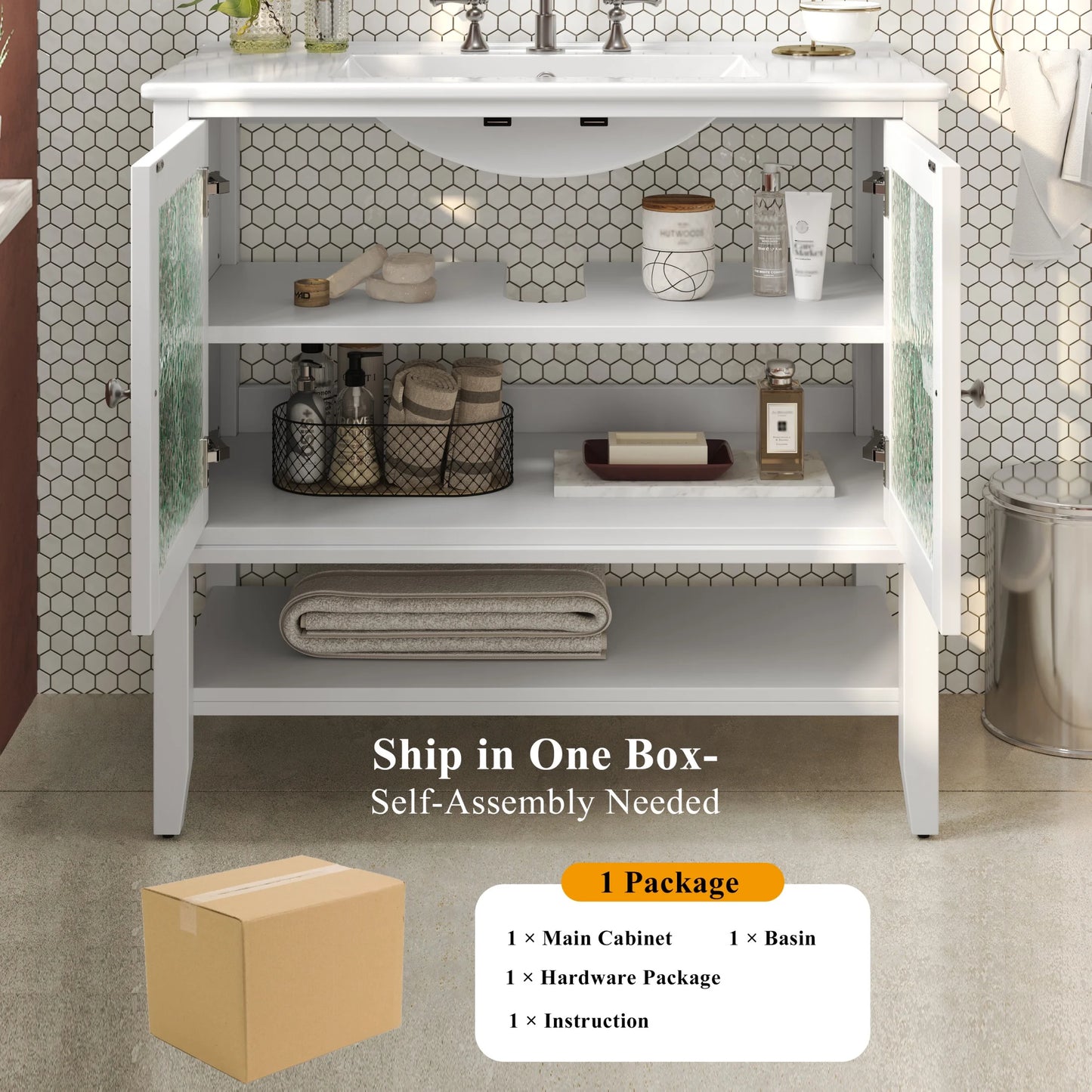 Christopher Knight Home 36" Bathroom Vanity with Sink, Textured Glass Doors, Open Shelf, White