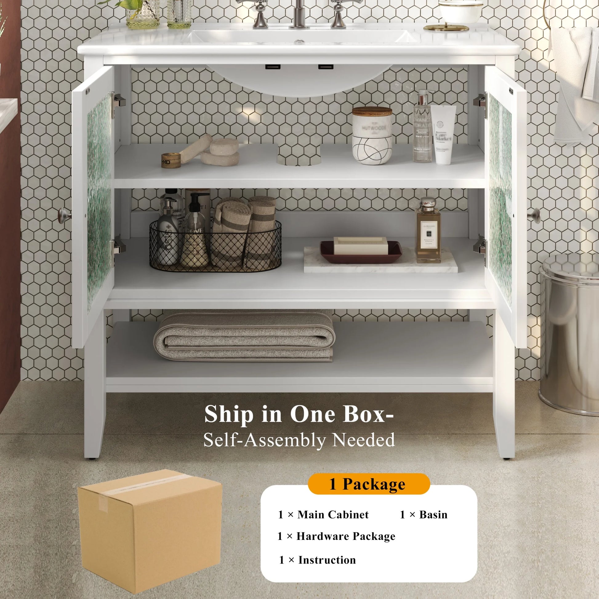 Christopher Knight Home 36" Bathroom Vanity with Sink, Textured Glass Doors, Open Shelf, White