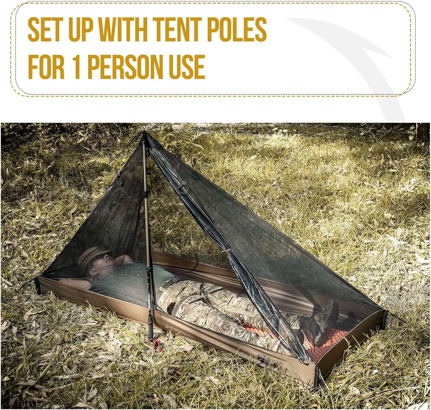 1-Person Ultralight Mesh Teepee Tent with Waterproof Bathtub Floor, Screen Room for Outdoor Camping, Hiking, Backpacking, Bushcraft, and Hot Tent Shelter