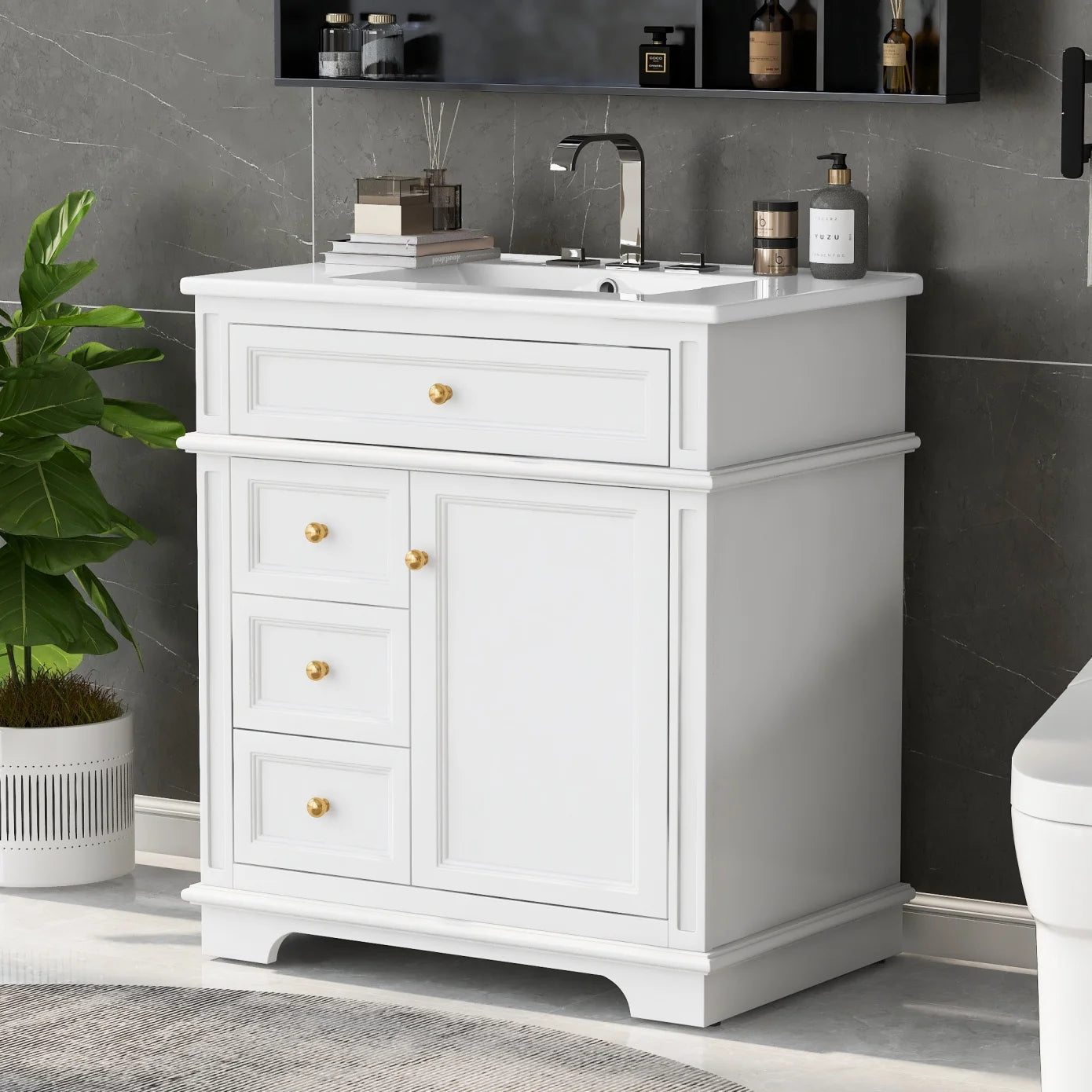 30 Inch Bathroom Vanity with Sink Combo, Solid Wood Frame Bathroom Vanities with 3 Drawers and 1 Tip-out Drawer & Soft Closing Doors, Modern Bathroom Sink Cabinet with Undermount Sink (White)