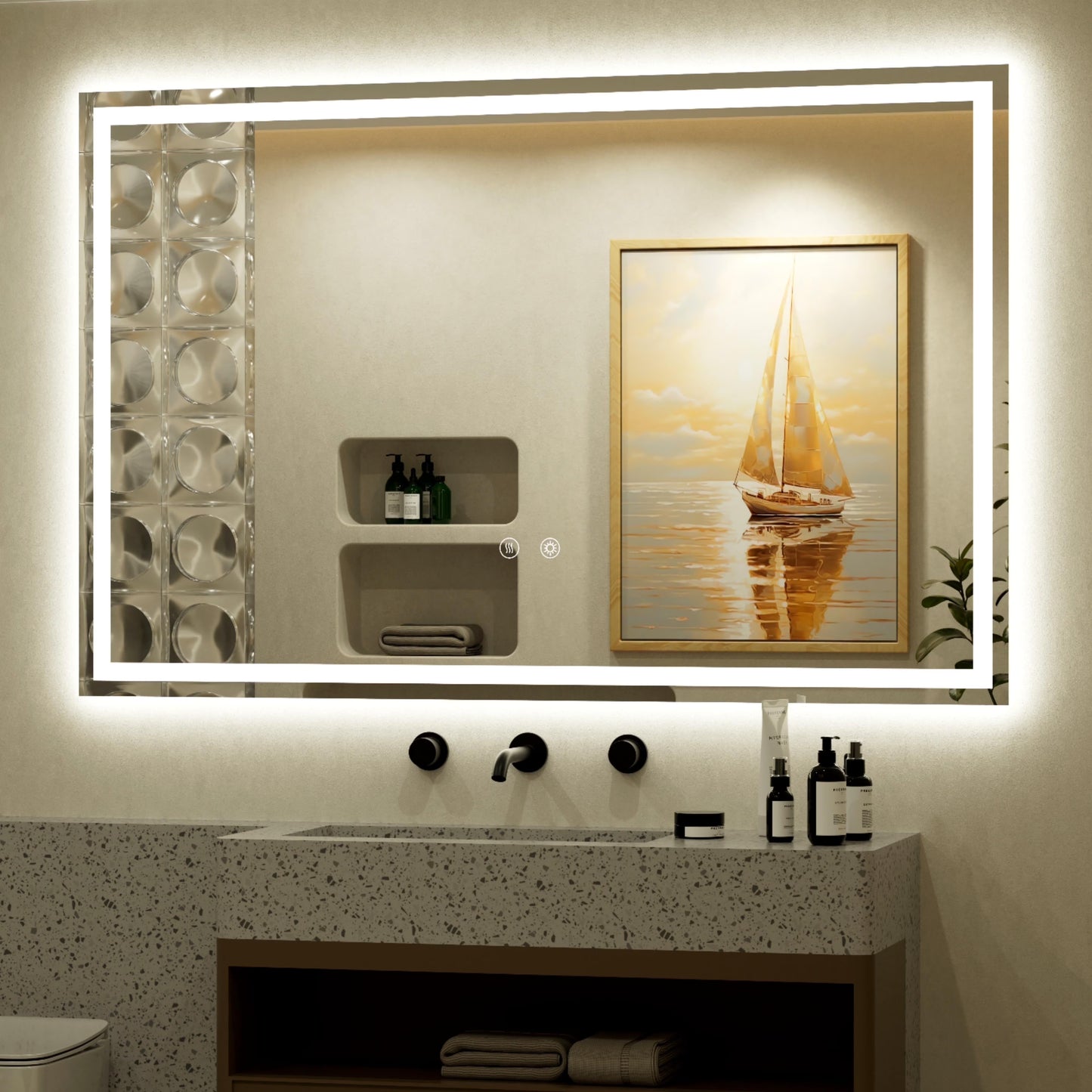 JSneijder 40x32 inch LED Bathroom Mirror, Wall Mounted Frameless Lighted Bathroom Mirror, Dimmable, Anti-Fog, Horizontal/Vertical