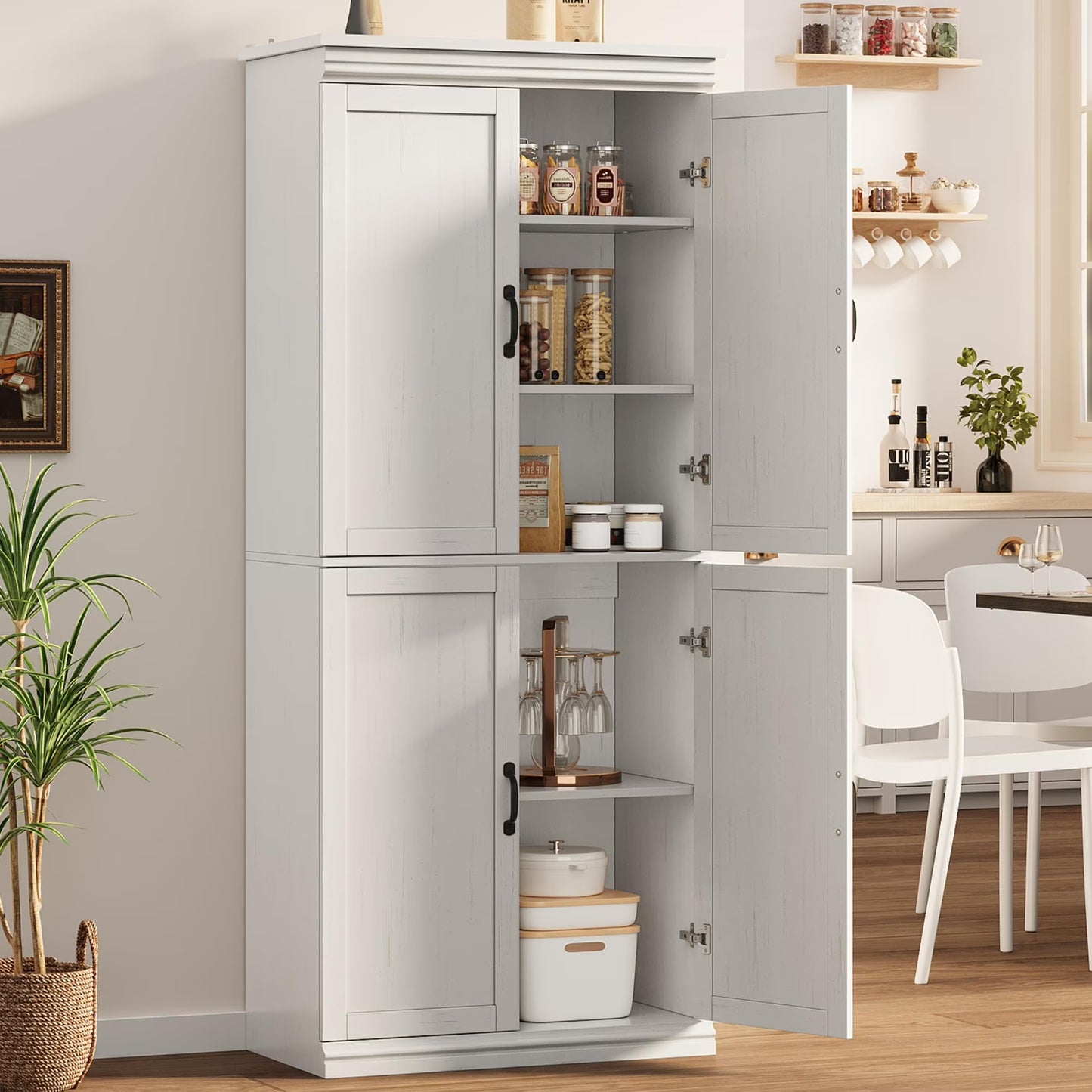DSstyles Pantry Cabinet, Freestanding Kitchen Pantry Storage Cabinet,70" Cupboard, Tall Storage Cabinet with Doors and Adjustable Shelves, for Bathroom, Dining Room, Living Room, Antique White/Gray