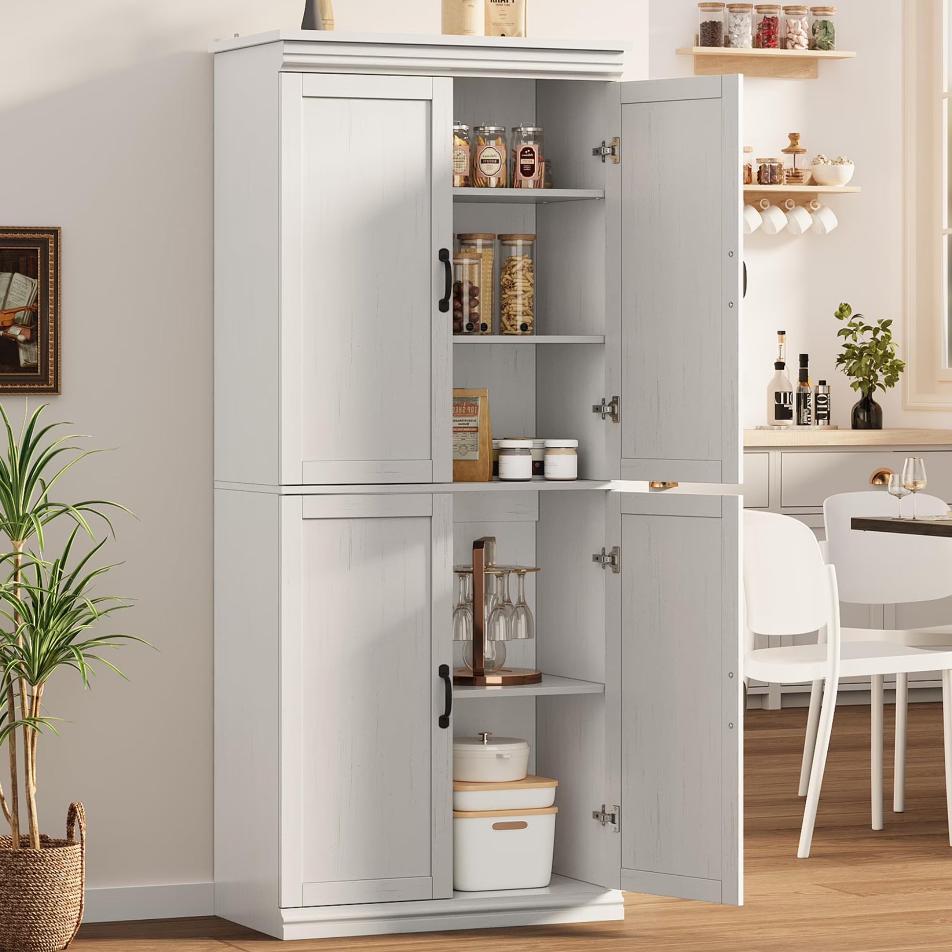 DSstyles Pantry Cabinet, Freestanding Kitchen Pantry Storage Cabinet,70" Cupboard, Tall Storage Cabinet with Doors and Adjustable Shelves, for Bathroom, Dining Room, Living Room, Antique White/Gray