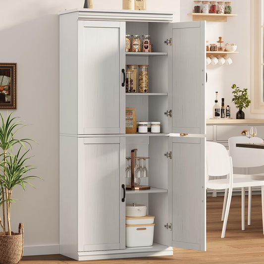 DSstyles Pantry Cabinet, Freestanding Kitchen Pantry Storage Cabinet,70" Cupboard, Tall Storage Cabinet with Doors and Adjustable Shelves, for Bathroom, Dining Room, Living Room, Antique White/Gray