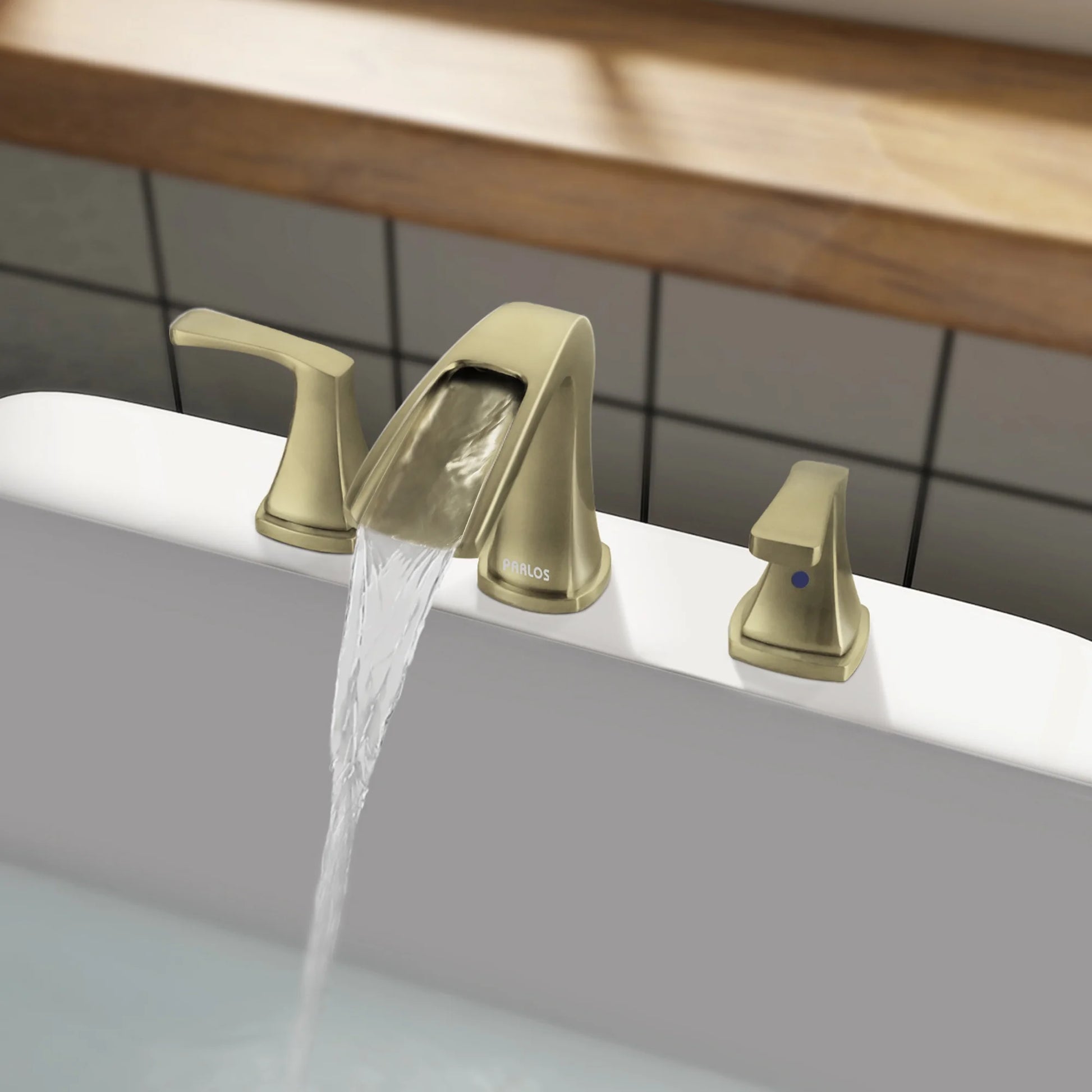 Parlos 2-Handle Widespread Waterfall Roman Bathtub with Hot & Cold Supply Lines, Brushed Gold