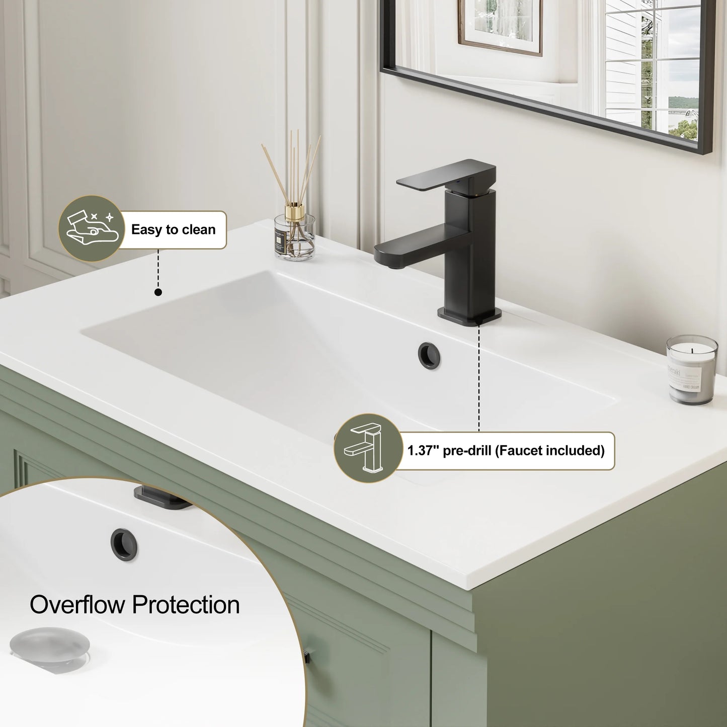Eclife 30" Single Bathroom Vanity With Ceramic Sink Top, 2 Smooth Drawers, Faucet
