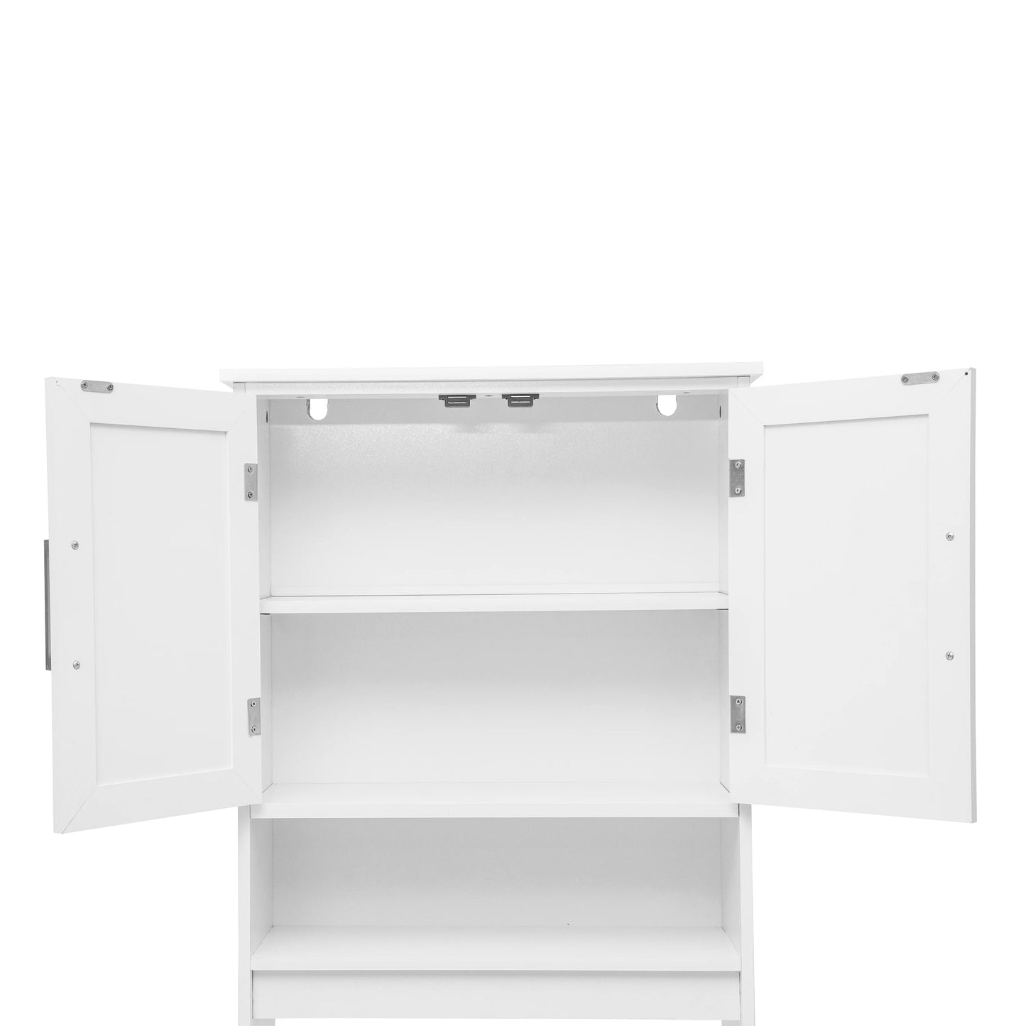 Emma + Oliver Over the Toilet Cabinet Storage Bathroom Organizer with In-Cabinet Adjustable Shelf, Open Lower Shelf, and Dual Magnetic Closure Doors in White