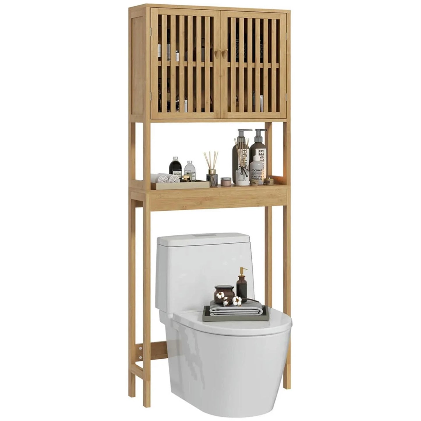 Finihen 67" Bamboo Over The Toilet Storage Cabinet with Adjustable Shelves, Bathroom Shelf Over Toilet Rack, Bathroom Storage Cabinet Organizer, Brown