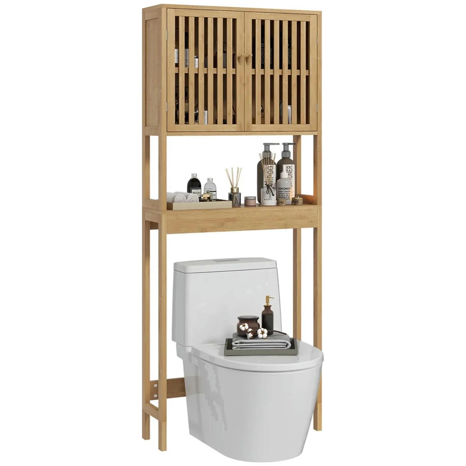Finihen 67" Bamboo Over The Toilet Storage Cabinet with Adjustable Shelves, Bathroom Shelf Over Toilet Rack, Bathroom Storage Cabinet Organizer, Brown
