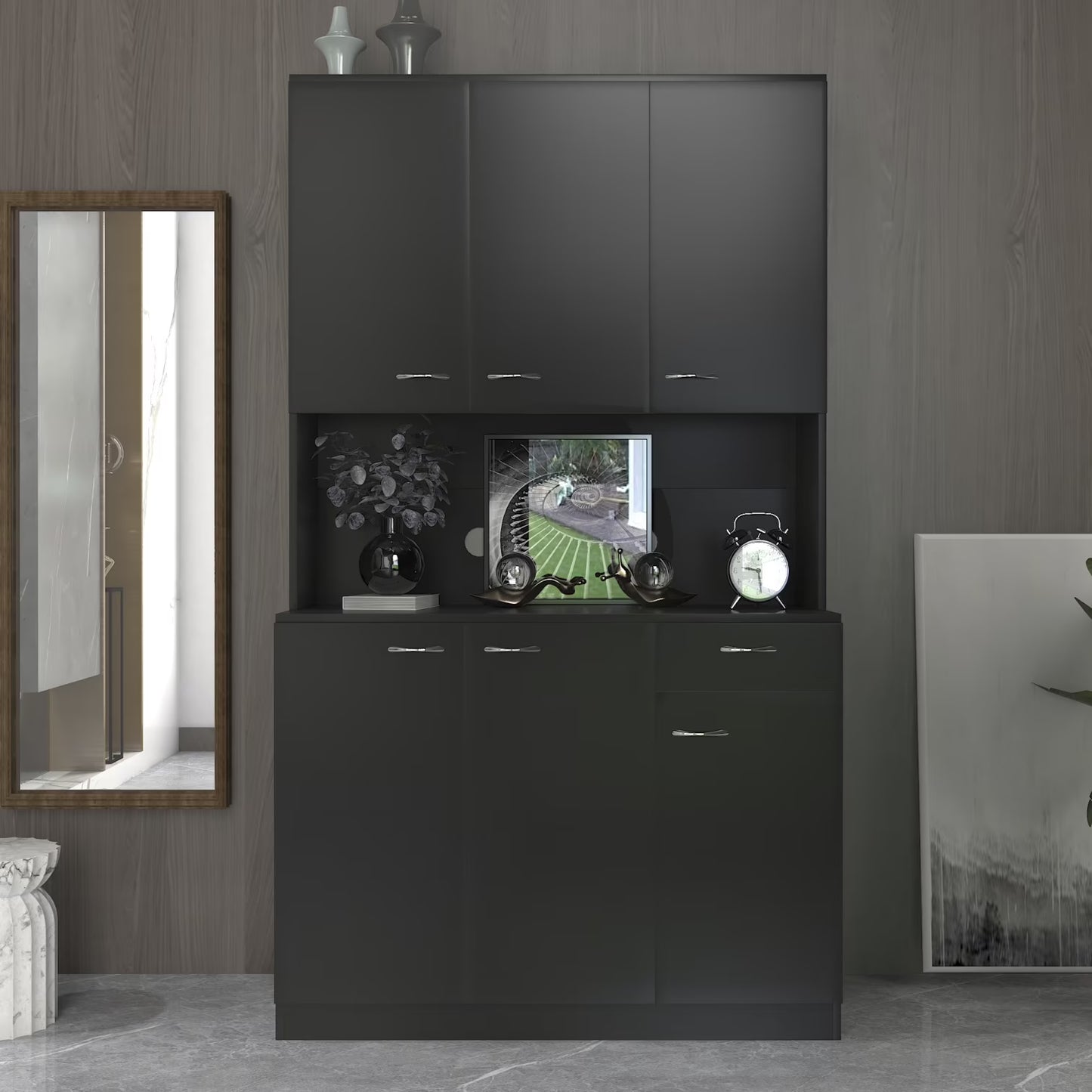 70.87" Tall Wardrobe & Kitchen Cabinet, Freestanding Storage Cabinets with 6 Doors, 1 Open Shelves and 1 Drawer, Versatile Floor Buffet Hutch Cupboard for Bedroom Bathroom Kitchen, Oak