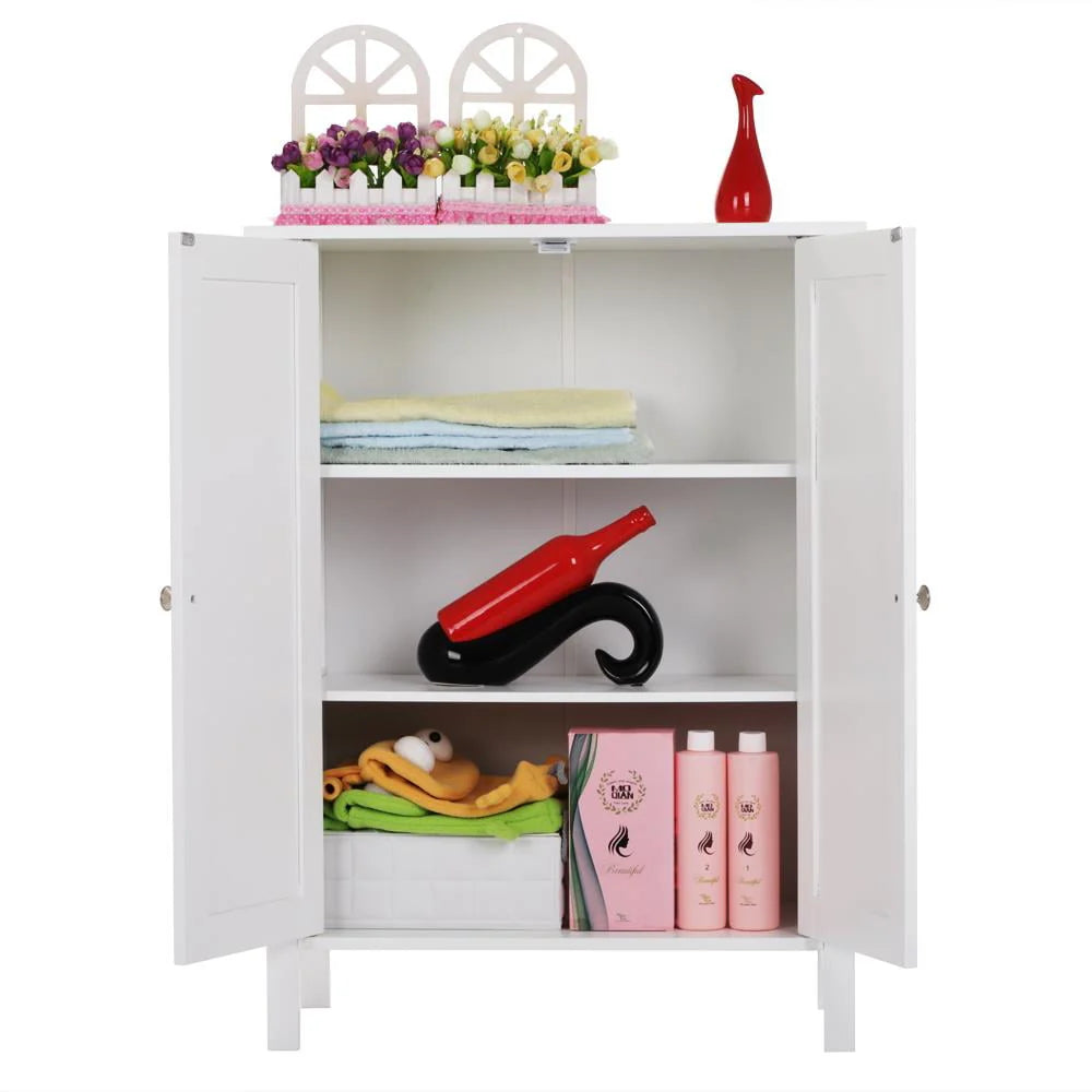 ZENY White Wooden 2 Door Bathroom Cabinet Storage with 3 Shelves Free Standing