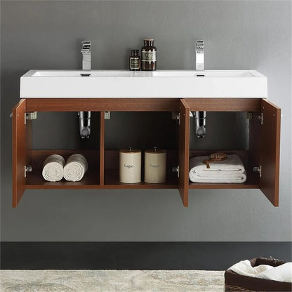 Vista 47"Wall Hung Dbl Sinks Wood Bathroom Cabinet in Brown