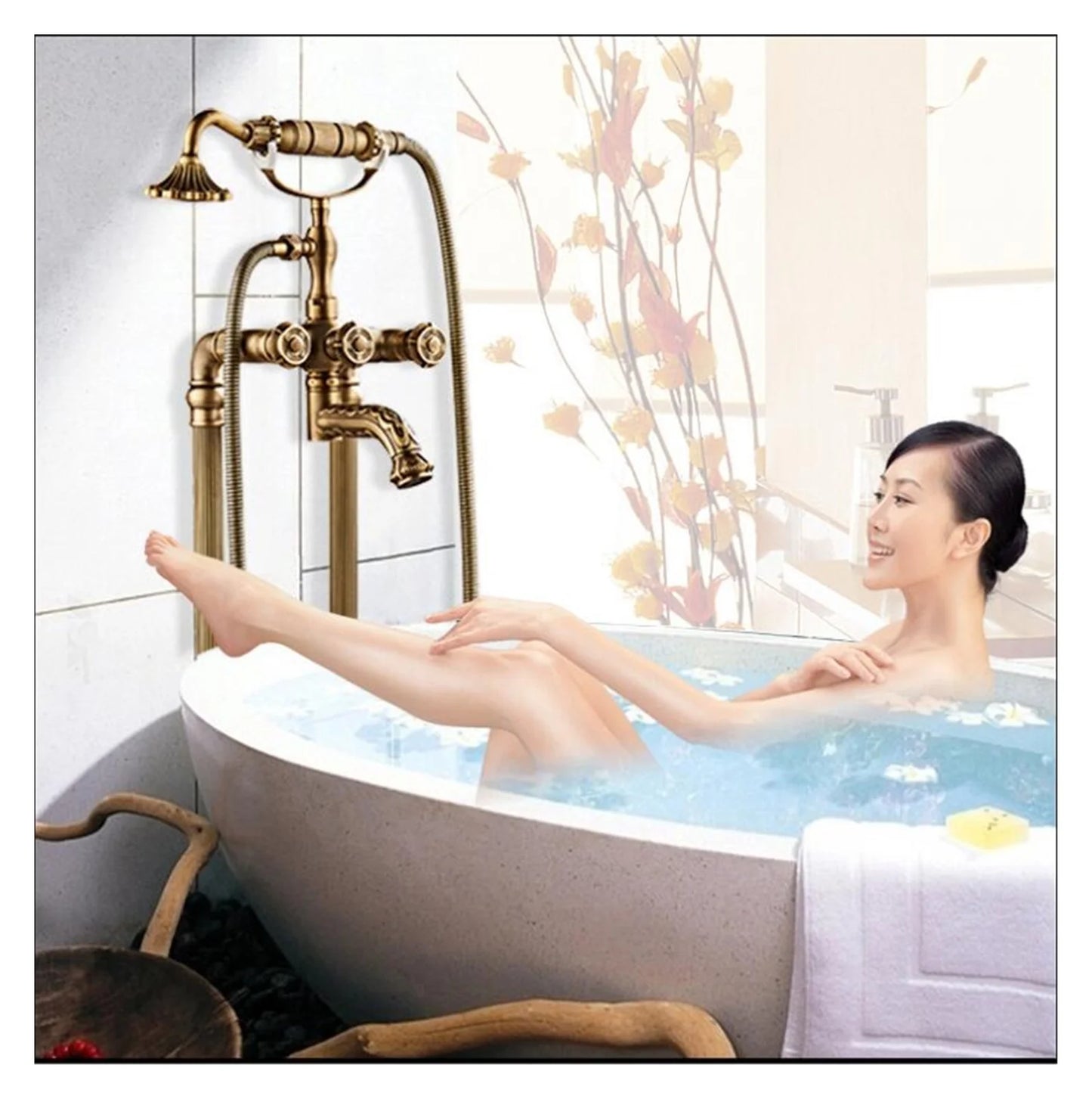 Free standing Carved Bathtub Faucet Tub Filler Fashion Antique Brass Floor Mount with Hand shower Bathtub Mixer Taps