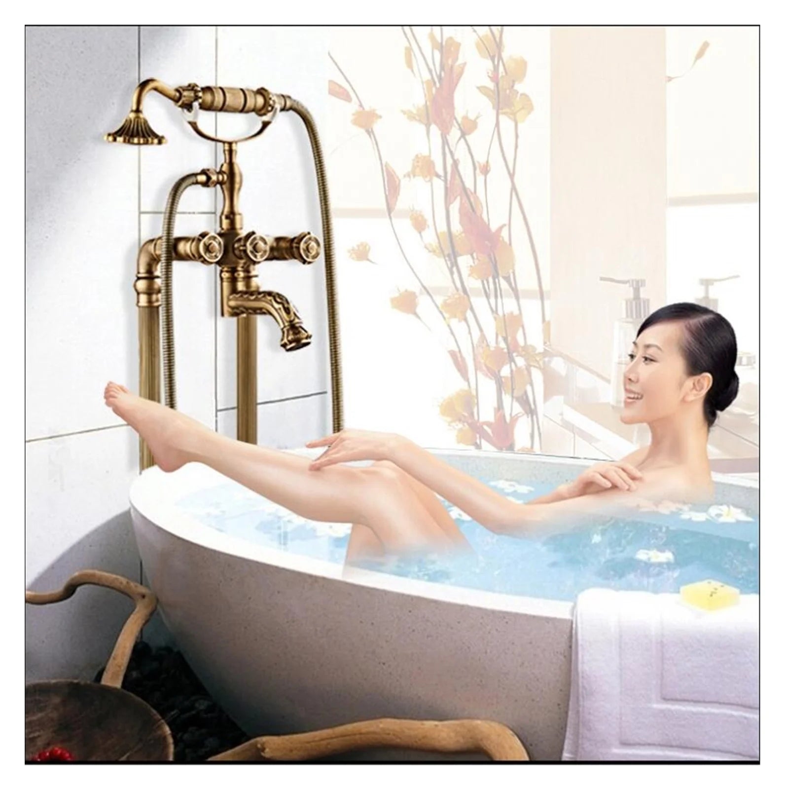 Free standing Carved Bathtub Faucet Tub Filler Fashion Antique Brass Floor Mount with Hand shower Bathtub Mixer Taps
